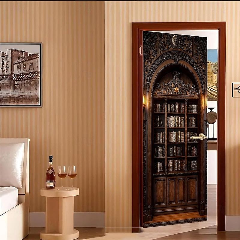 Door Cover Outdoor Banners Bookshelf Library 3D Dark Academia Bedroom Living Room Front Door Home Decor