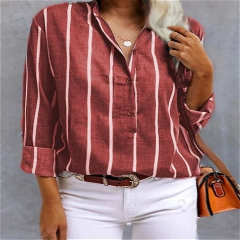 Women's Shirt Blouse Striped Modern Casual Long Sleeve Shirt Collar Regular Tops Daily Holiday Buttons Maroon Red Blue Gray Fall