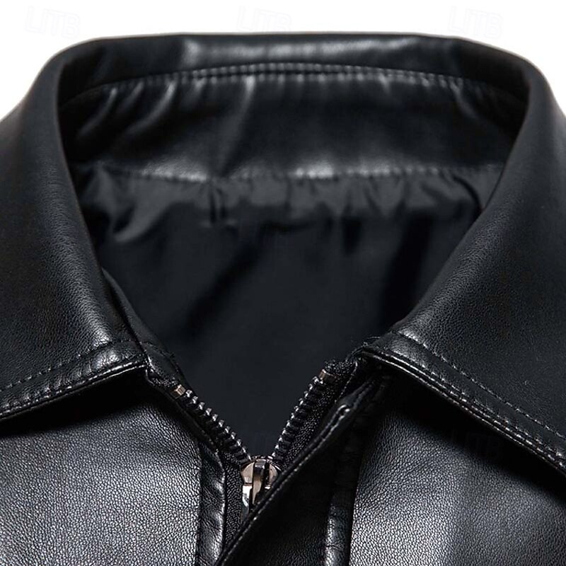 Men's Faux Leather Jacket Motorcycle Jacket Outdoor Casual Windbreaker Minimalist Fleece Collar Fall Winter Solid Color Punk Active Collar Regular Black Jacket4