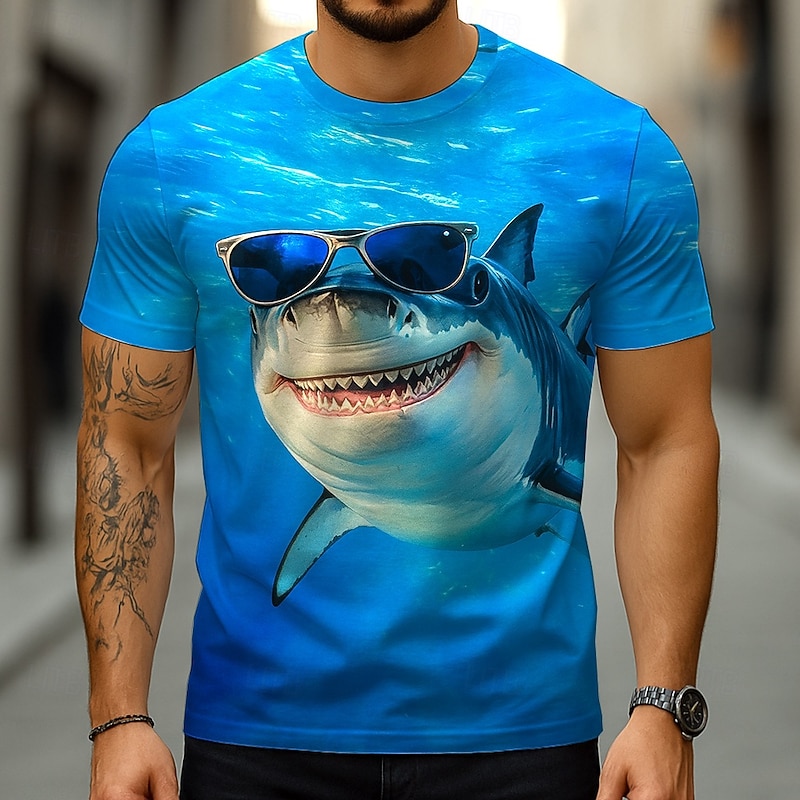 Men's Shark 3D Funny T Shirt Short Sleeve T shirt 3D Print Crew Neck Shirt Exaggerated Designer Party Holiday Blue Summer Spring Clothing Apparel S M L XL XXL XXXL