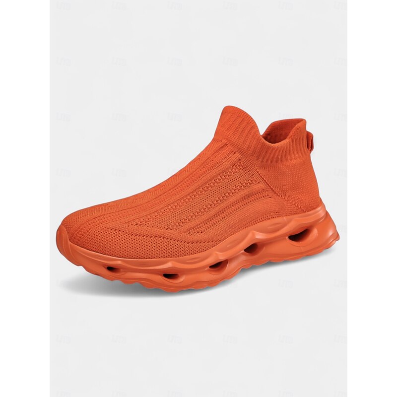 Women's Orange Flyknit Slip-On Sneakers with Air-Cushioned Soles – Sporty & Comfortable Style for  Urban Walks, Gym Workouts & Casual Outings4