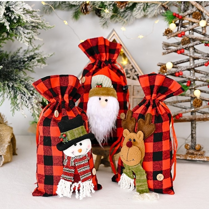 3pcs Christmas Gift Tote Bags, Red and Black Plaid, Kids Candy Bags, Holiday Party Favor Bags, Small Gift Apple Bags