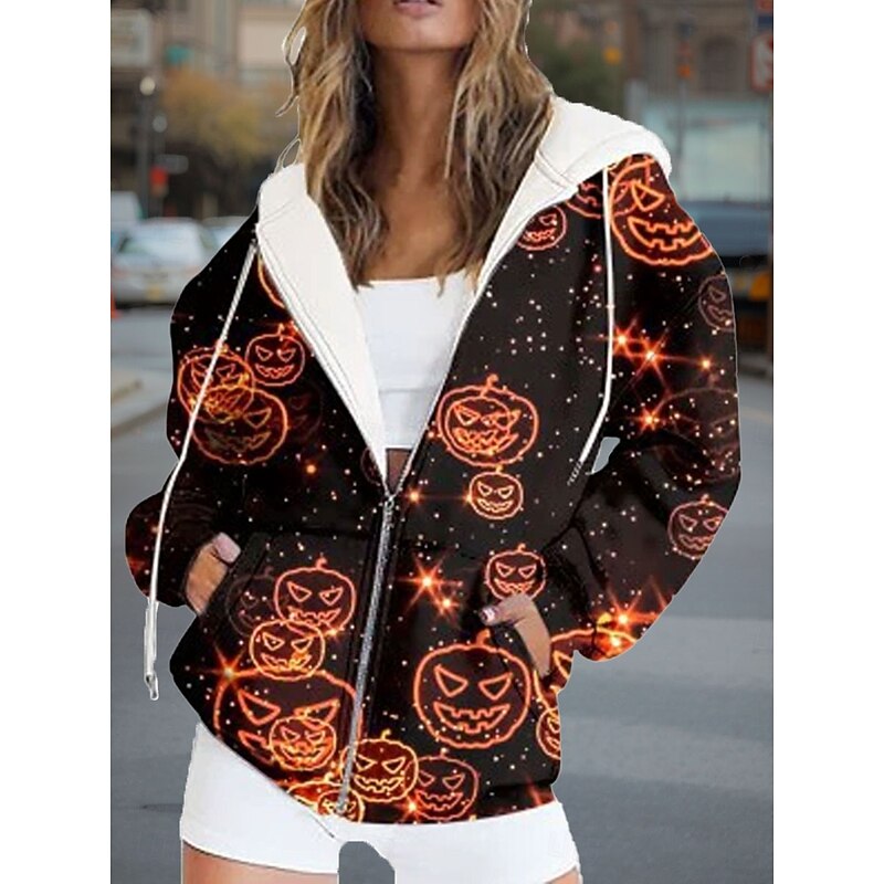 Halloween Women's Zip Up Hoodies Spider Web Graphic Pumpkin Fashion Casual Long Sleeve Hooded Regular Tops Street Dailywear Zipper Pocket Print Black Yellow Orange Spring Fall2