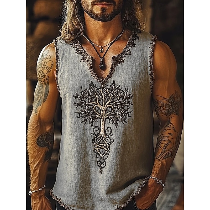 Men's Tank Top Vest Top Undershirt Graphic Tee Sleeveless V Neck Summer Trees Vintage Designer Basic Print Vacation Street Going out Blue Green Khaki Top Tee for Men4