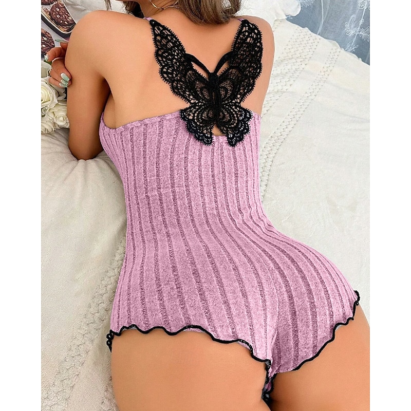 Women's Onesie Fashion Comfort Patchwork Lace Patchwork Backless Home Bed Sleeveless Straps White Red Summer