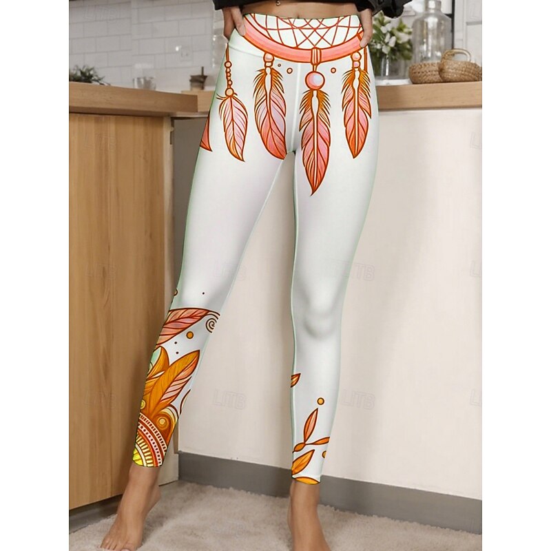 Women's Pants Trousers Leggings Cozy Leggings Streetwear Casual Full Length High Waist Feather Elastic Waist Print Breathability Comfortable Stretchy Vacation Street Daily Wear Dark purple Pink2