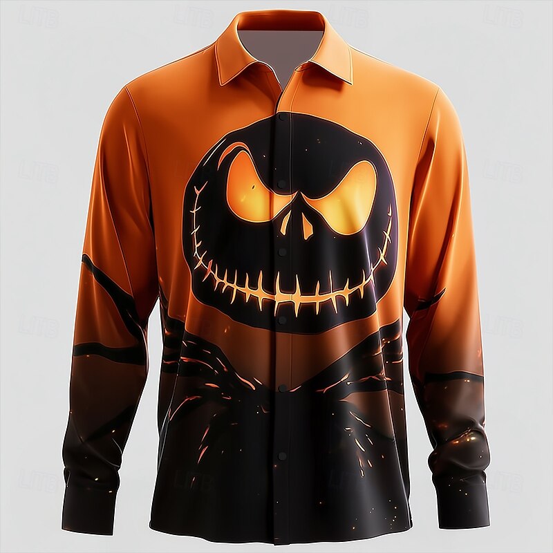 Halloween Men's Pumpkin Halloween Costumes Jack-o'-lantern Shirt Button Up Shirt Long Sleeve Dark Gothic Style Outdoor Holiday Summer Spring Turndown 3D Print Collared Shirts Orange