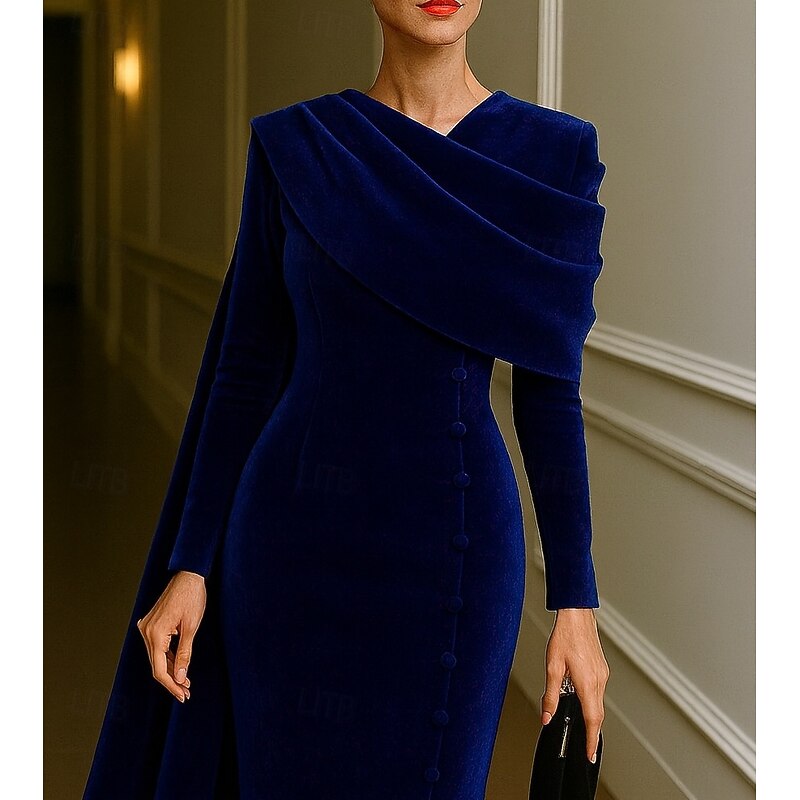 Burgundy Blue Column Evening Gown Elegant Dress Formal Wedding Floor Length Long Sleeve Stand Collar Velvet with Pleats 20254