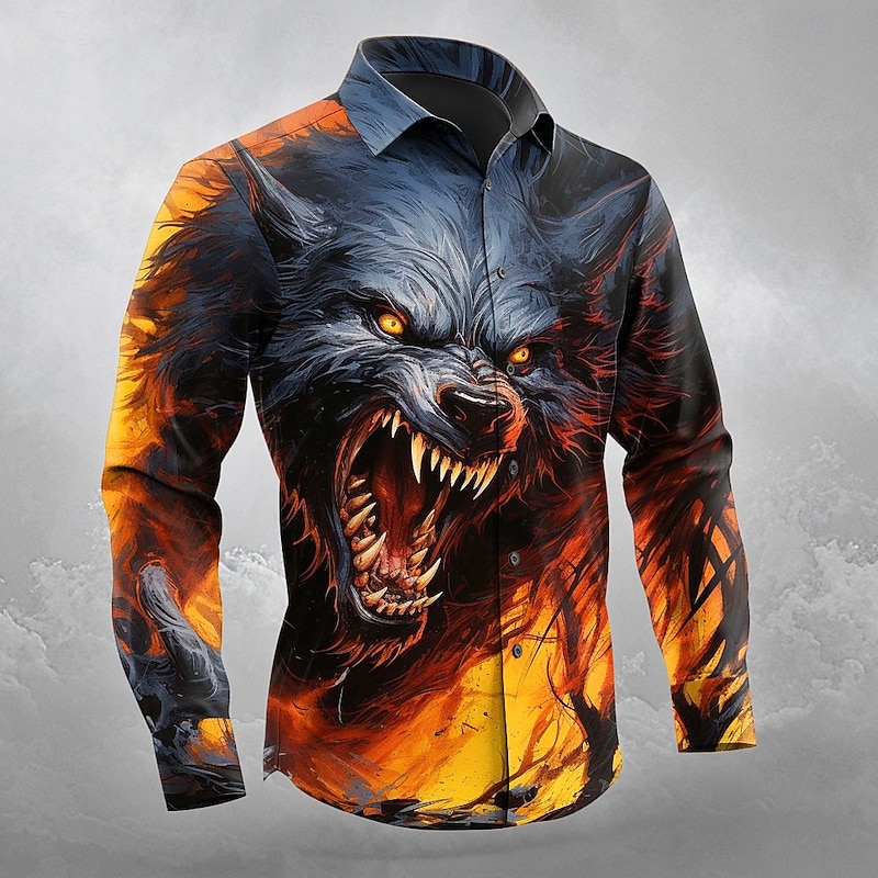 Halloween Men's Animal Wolf Halloween Costumes Shirt Button Up Shirt Long Sleeve Dark Gothic Style Outdoor Holiday Spring Fall Turndown 3D Print Collared Shirts Orange yellow Blue Orange Dark Blue