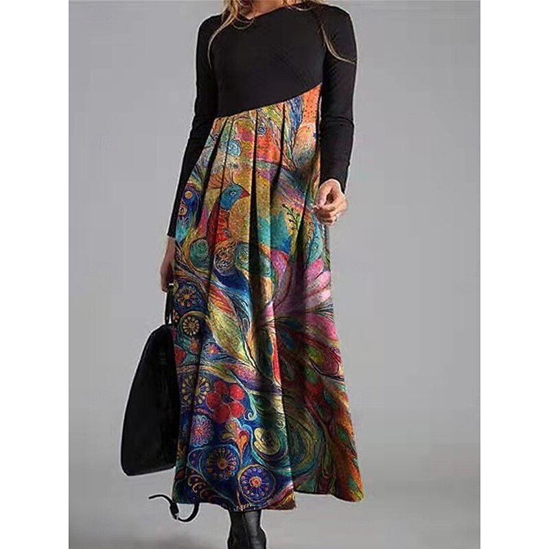 Women's Midi Dress A Line Dress Casual Daily Regular Fit Graphic Color Block Long Sleeve V Neck White Yellow Red Spring Fall Winter2