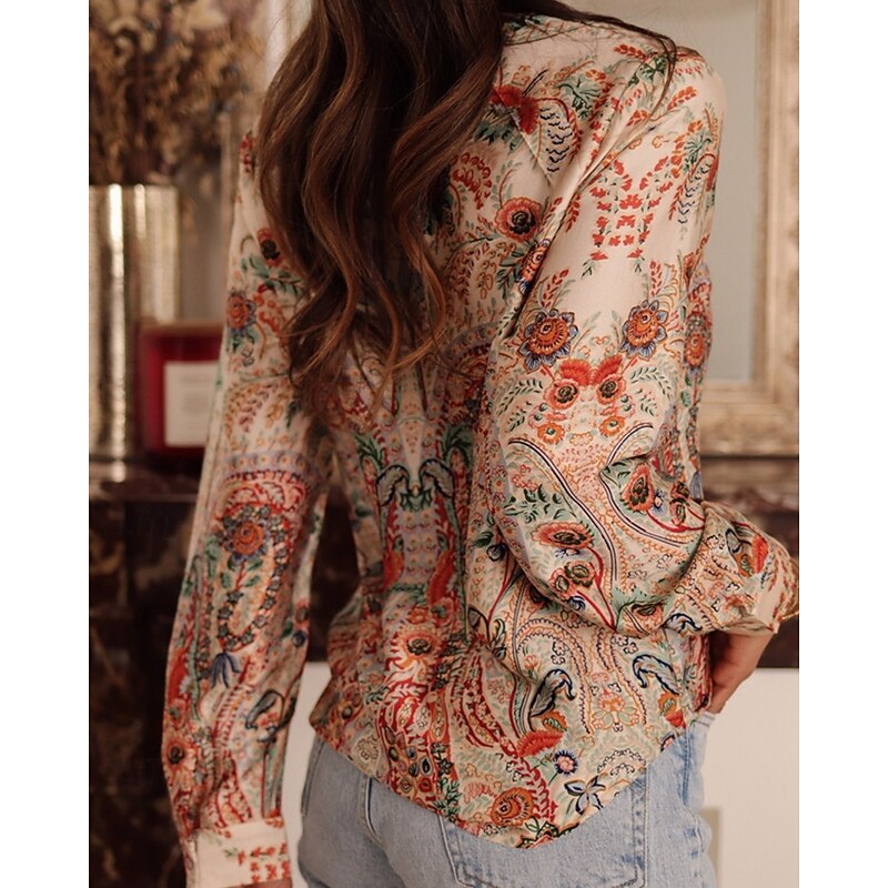 Women's Shirt Floral Bohemia Stylish Modern Long Sleeve Shirt Collar Regular Tops Daily Holiday Pocket Buttons Print Pink Red Orange Green Spring Fall4