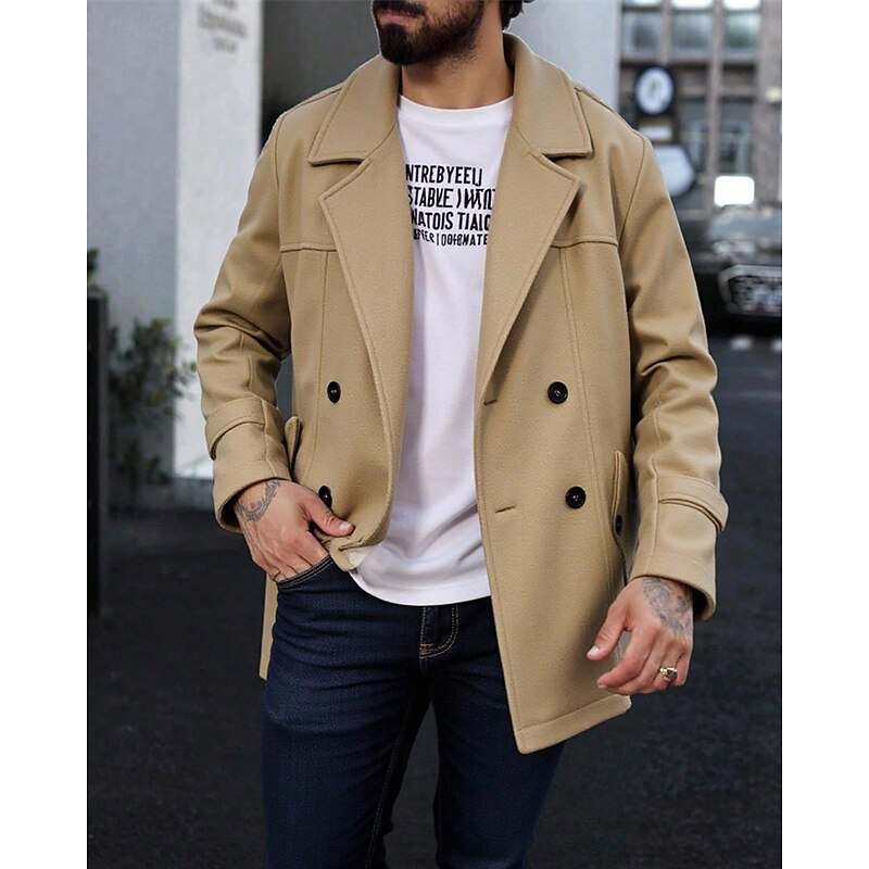 Men's Peacoat Trench Coat Vacation Daily Fall Winter Polyester Thermal Warm Windproof Outerwear Clothing Apparel Fashion Classic Plain Pocket Lapel Double Breasted3