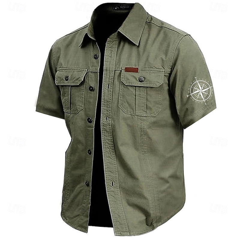 Men's Nautical Compass Work Shirt Western Shirt Cargo Shirt Short Sleeve Casual Tactical Sports Outdoor WorkWear Summer Spring Turndown Front Two Pockets Cotton Button Up Shirts Army Green Khaki Dark2