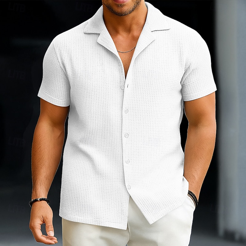 Men's Summer Shirt Button Down Shirt Casual Shirt Collared Shirt Waffle Knit Shirt White Yellow Red Blue Short Sleeve Plain Textured Notch Turndown Vacation Home Clothing Apparel Fashion Casual4