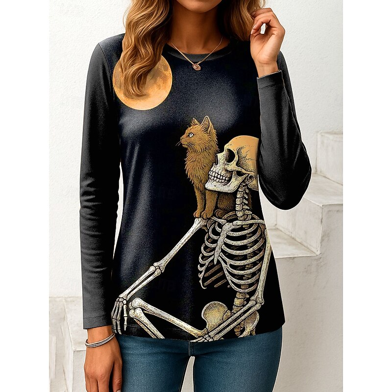 Halloween Women's T Shirt Skulls Graphic Cat Vintage Fashion Stylish Long Sleeve Crew Neck Regular Tops Daily Print Purple Orange Green Beige Fall Winter4