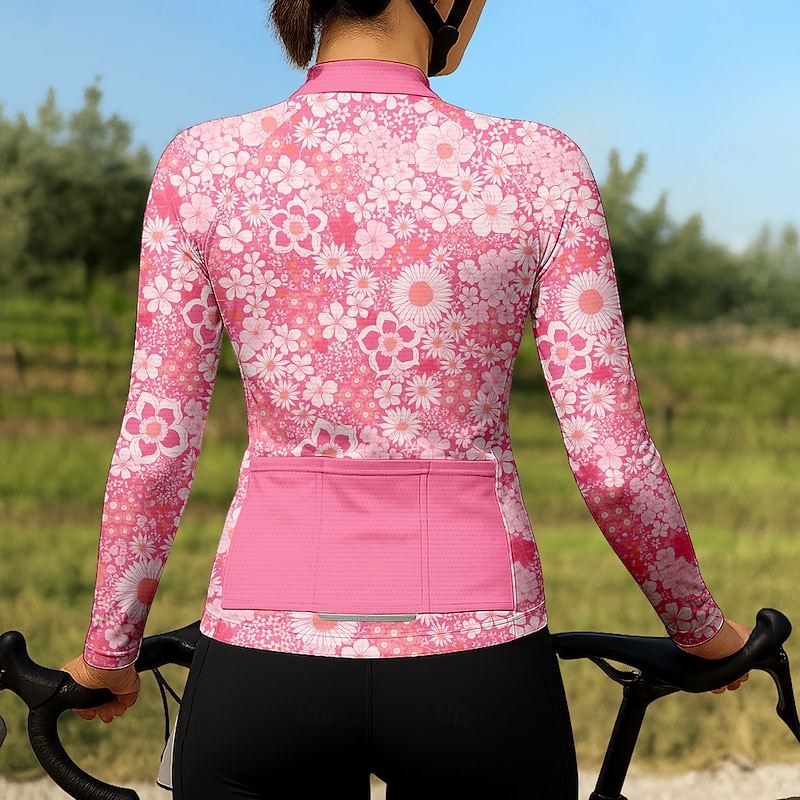 Women's Cycling Jersey Floral Graphic Long Sleeve Bike Jersey Top with 3 Rear Pockets Sunscreen UV Resistant Quick Dry Reflective Strips Sports Pink Clothing Apparel2
