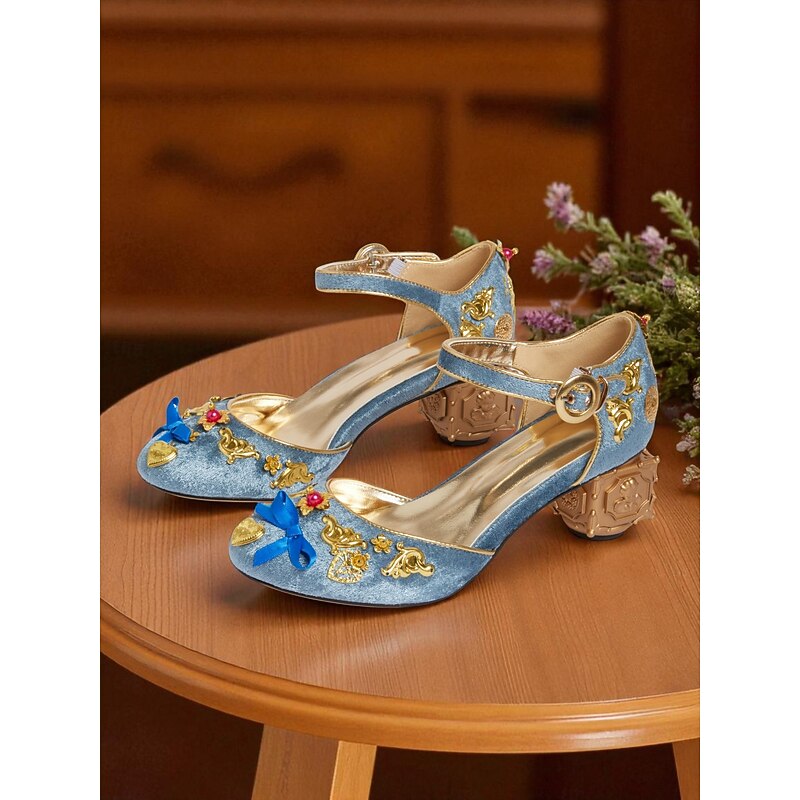 Women's Blue Velvet Mary Jane Block Heel Shoes - Gold Embellished Round Toe Pumps with Bow and Heart Charms, Vintage Baroque Style Inspired by 18th Century Fashion for Parties, Cosplay and Special Occ3