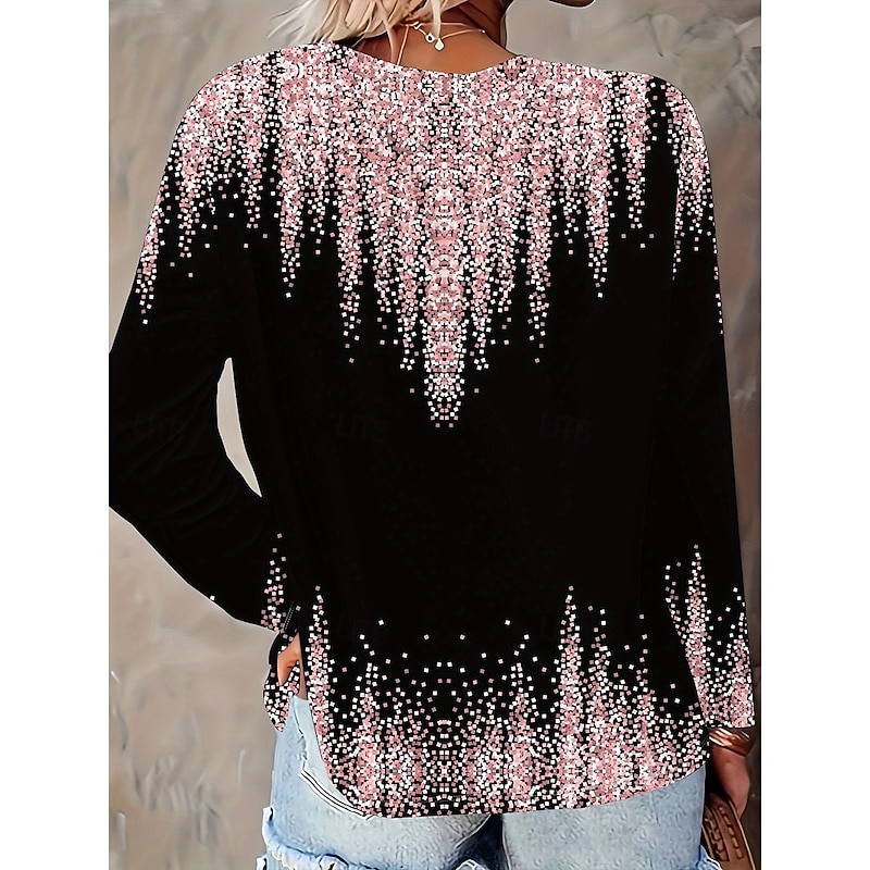 Women's T Shirt Ombre Graphic Abstract Vintage Stylish Classic Long Sleeve V Neck Regular Tops Daily Print Pink Spring Fall Winter2