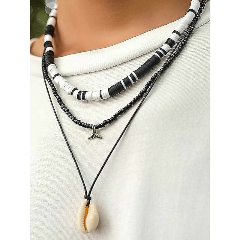 Men's 3-Piece Beach Necklace Set – Black and White Resin Beads, Shell Pendant & Wax Rope Chain – Surfer Style Jewelry for Summer, Festivals and Casual Outfits3