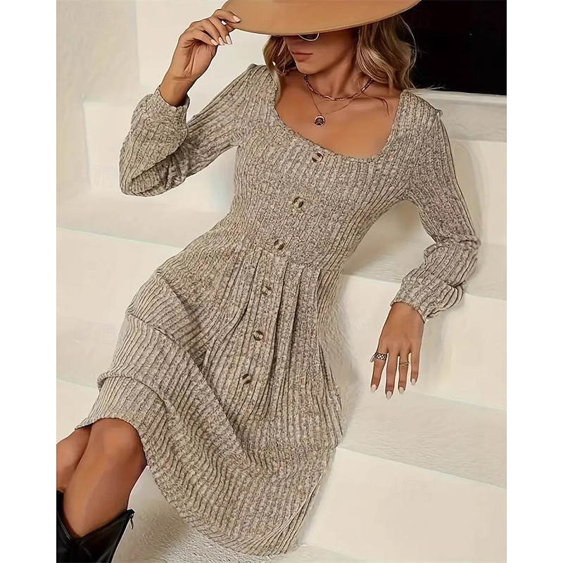 Women's Midi Dress Casual Dress Fashion Modern Daily Date Weekend Regular Fit Plain Long Sleeve Square Neck Black Khaki Gray Spring Fall3