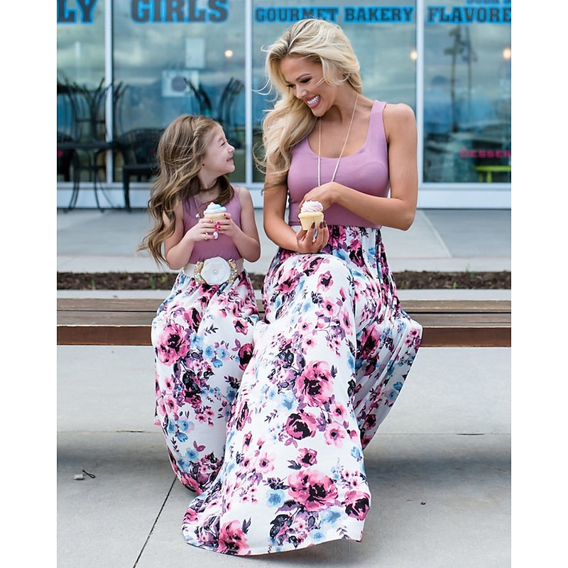 Mommy and Me Dresses Floral Street Patchwork Black Pink Wine Sleeveless Maxi Tank Dress Active Matching Outfits2