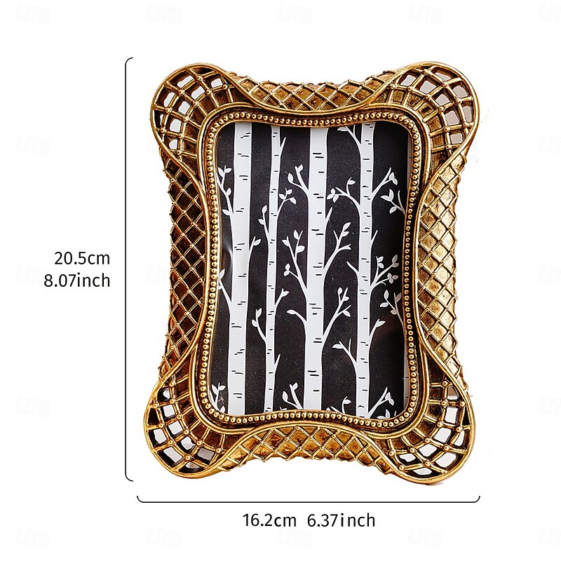 1PC European Golden Checkered Double-arc Shaped Decorative Photo Frame Resin Material Desktop Photo Display Frame Suitable for Photo Display Home Decoration Photography Shooting Props2