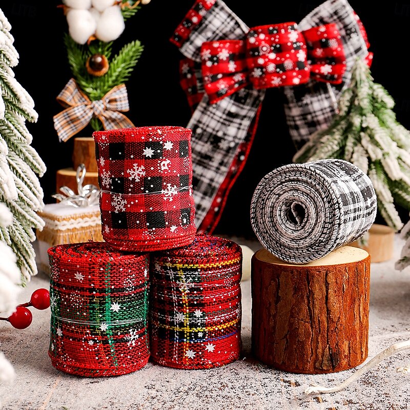 Christmas Buffalo Plaid Ribbon, Snowflake Pattern, DIY Gift Wrap Bow, Woven Ribbon Accessory, Christmas Tree Decoration, Festive Holiday Craft and Decor