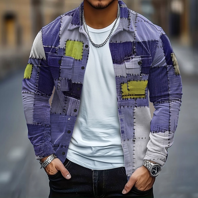 Men's Color Block Patchwork Denim-like Corduroy Shirt Shirt Jacket Overshirt Long Sleeve Vintage Retro Outdoor Dailywear Fall Winter Turndown Button-Down Warm Jacket with Flap Pockets Blue Purple4