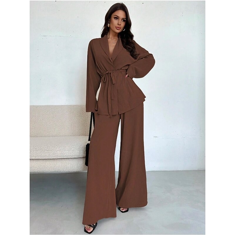 Women's EU / US Size2 Pieces SetsElegant Sophisticated Corset Pants Sets Long Sleeve Bell Sleeve Shirt Collar Solid Color Patchwork Casual Daily Wear As Picture Black Brown Fall Regular Fit