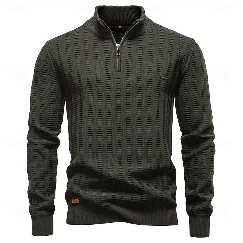 Men's Pullover Cable Knit Regular Tops Half Zip Standing Collar Cool Pullover School Vacation Clothing Apparel Spring Fall Black Dark Navy S M L