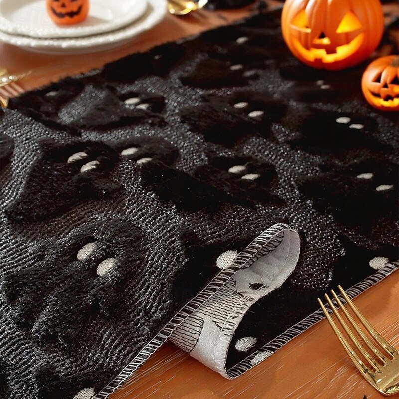 Halloween Table Runner Table Flag with 3D Ghost Embroidery - Black Eye Little Devil PU Faux Fur Decoration, Black White Holiday Tablecloth for Party Dining Decor3