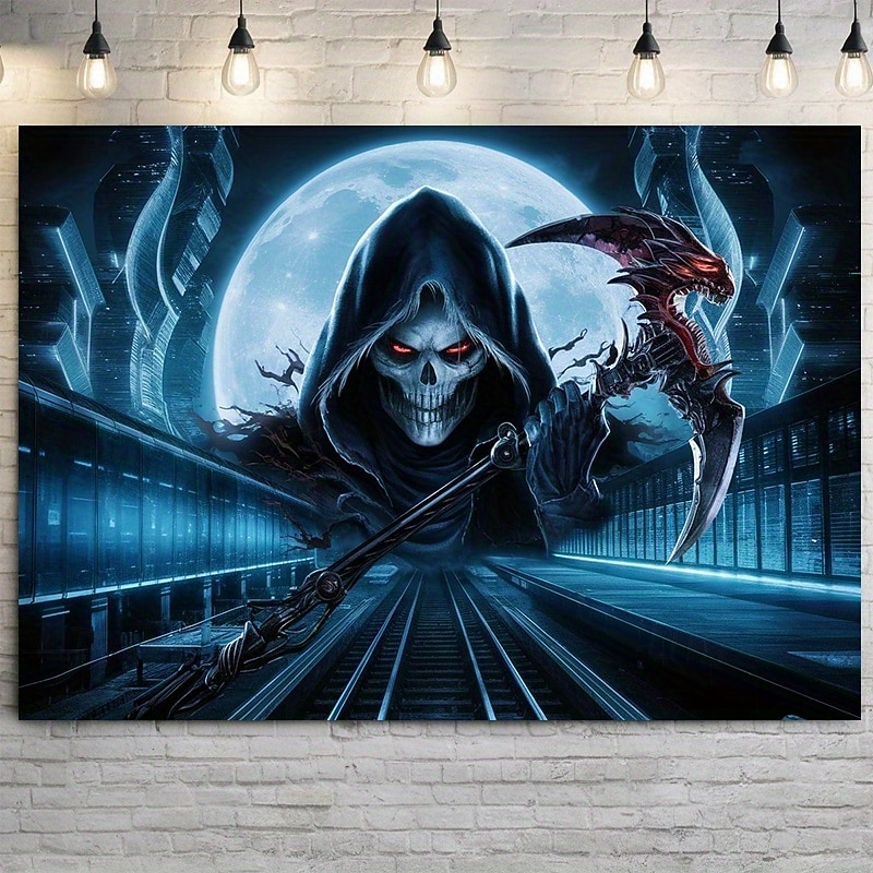 Grim Reaper Tapestry Cyberpunk Death Skeleton Wall Hanging with Scythe Futuristic Subway Moon Scene Wall Decoration for Bedroom Gaming Room Party
