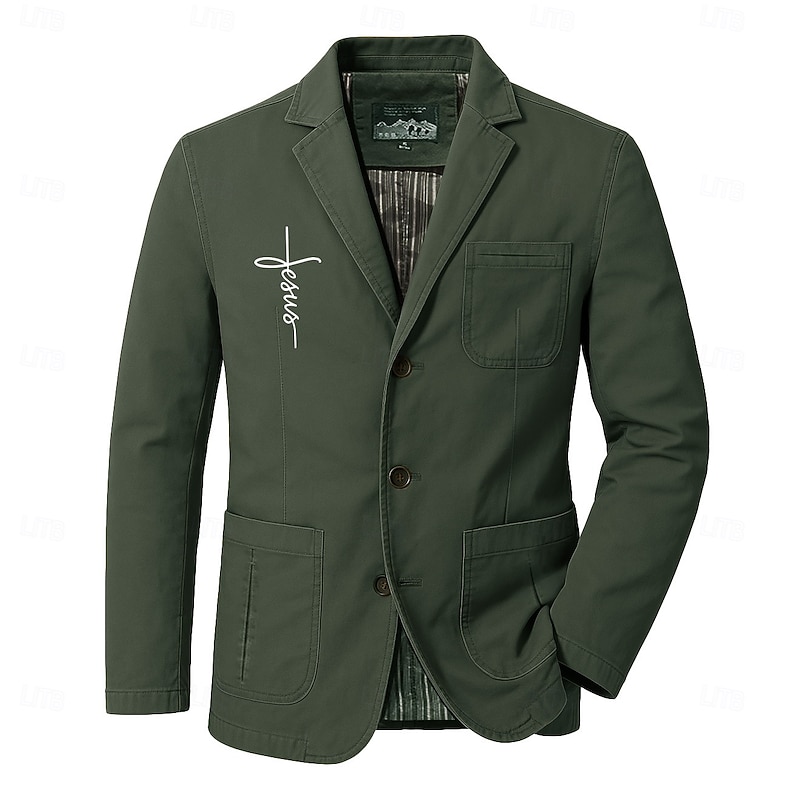 Men's Letter Printed Faith Blazer Cotton Suit Jacket Suits Coat Casual Outdoor Dailywear Multiple Pockets Three Button Stripe Lined Suit Jacket Fall Winter Notch lapel collar Long Sleeve Army Green 13