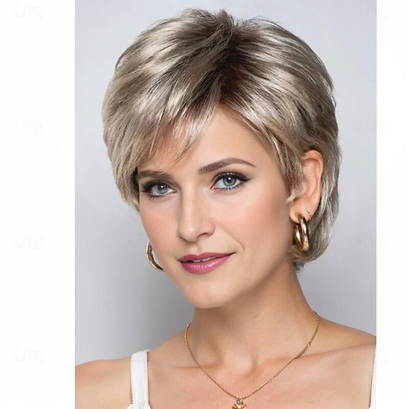 Silver-Grey Pixie Wig with Blonde Highlights for Women – Short Synthetic Hair, Heat-Resistant for Cosplay & Casual Looks