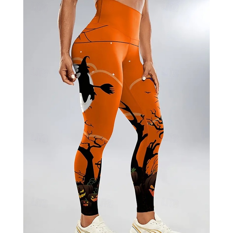 Women's Slacks Leggings Cozy Leggings Streetwear Casual Full Length NaturalPantsHalloween Pumpkin Elastic Waist Printing Comfortable Street Holiday Daily Wear Orange Fall Regular Fit4