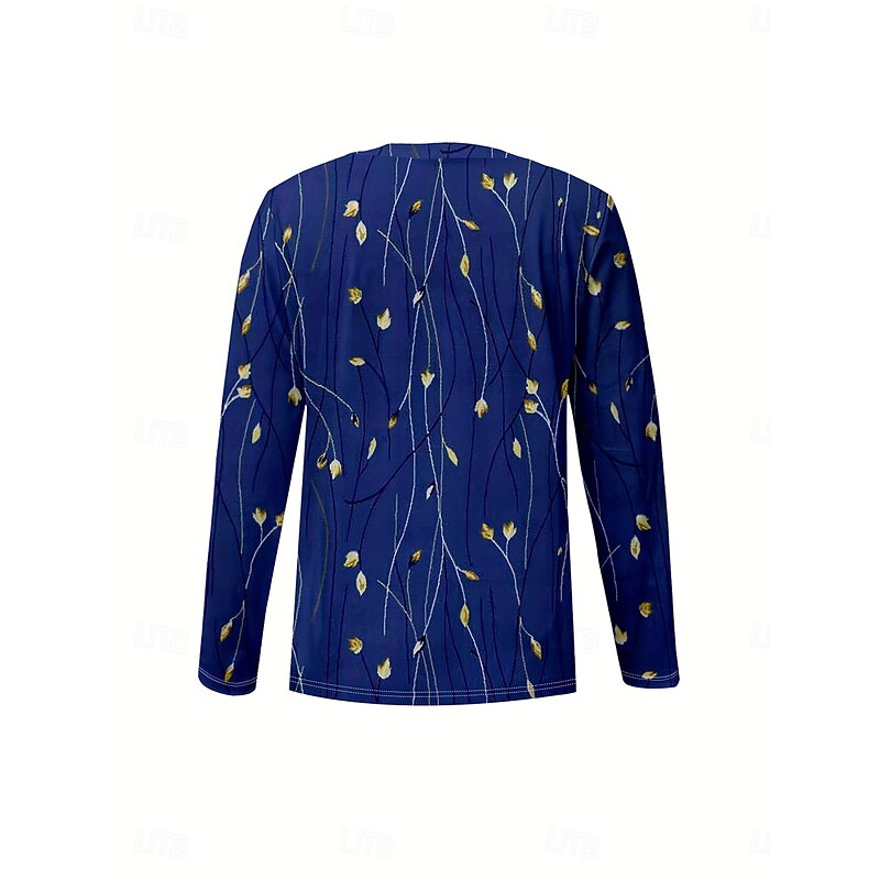 Women's T Shirt Floral Graphic Plants Vintage Stylish Classic Long Sleeve V Neck Regular Tops Daily Print Navy Blue Spring Fall Winter3