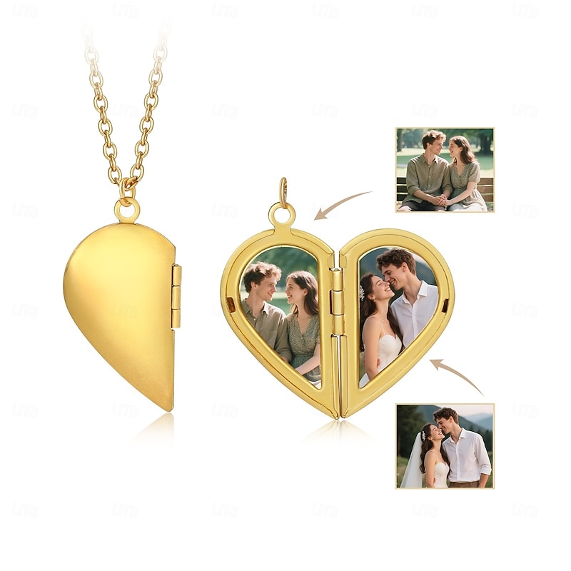 Personalized Heart Locket Necklace, Custom Photo Pendant Memorial Jewelry, Gift for Mom, Valentine’s Day, Anniversary, Graduation, Christmas - Main Image