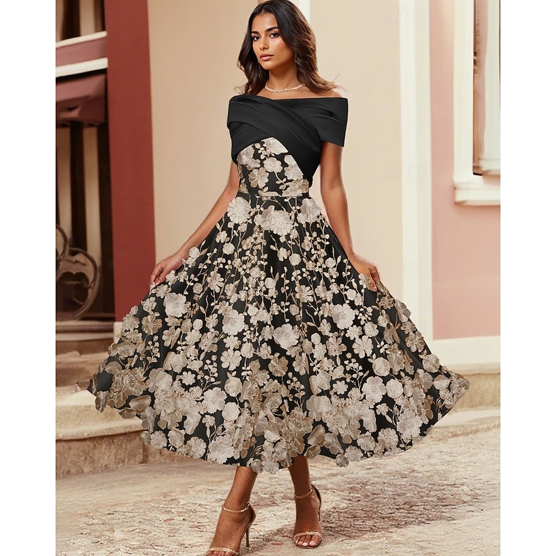 A-Line CocktailDresses Elegant Dress Formal Wedding Tea Length Sleeveless Shirt Collar Satin with Pleats Ruched Embroidered Applique