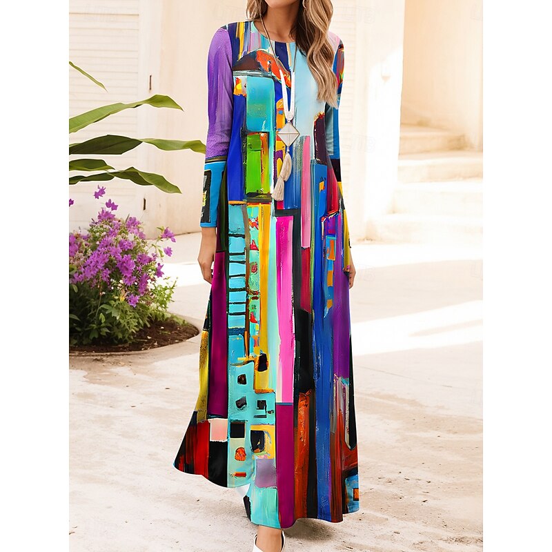 Women's Maxi Dress Vintage Bohemian A Line Dress Crew Neck Long Sleeve Casual Daily Regular Fit Graphic Geometric Black Sky Blue Orange Dark Blue Spring Fall Winter2