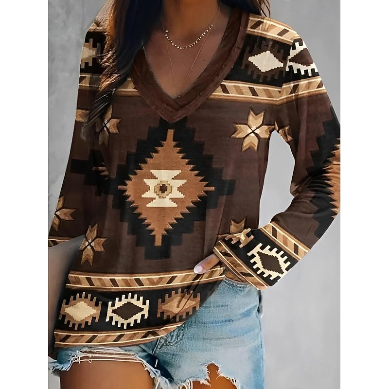 Women's T Shirt Graphic Geometric Tribal Elegant Bohemia Vintage Long Sleeve V Neck Regular Tops Daily Going out Weekend Print Black Yellow Red Blue Dark Green Spring Fall