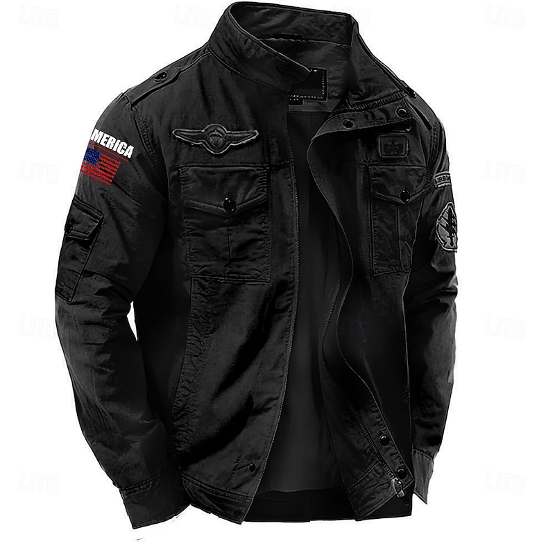 Men's Cotton Embroidered Military Jacket Windbreaker with Shoulder Straps Long Sleeve Standing Collar Multi-Pockets Trucker Jacket US Flag Print Tactical Outerwear