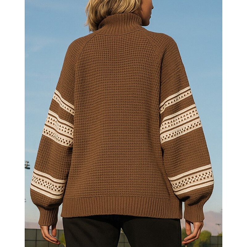 Women's Knitted Pullover Sweater Turtleneck Sweater Long Sleeve Top Athleisure Fall High Neck Patchwork Fashion Outdoor Travel Sportswear Activewear Black White Coffee2
