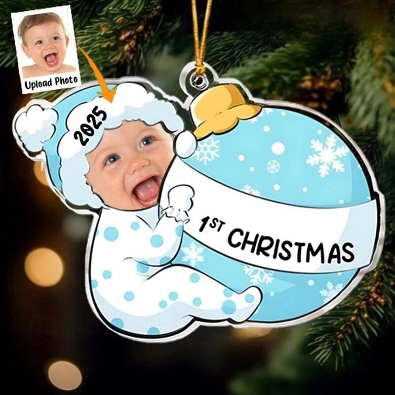 Personalized Photo Christmas Ornaments First Christmas Custom Baby Face Acrylic 2D Custom Christmas Tree Ornaments Xmas Decoration Hanging Pendant Gifts