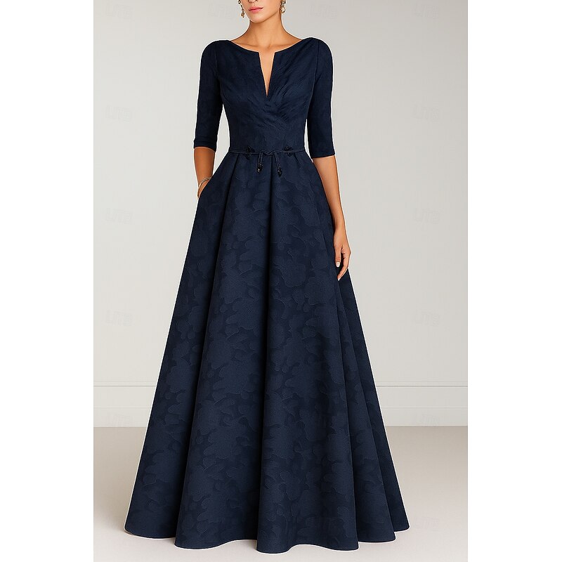 Burgundy Blue A-Line Mother of the Bride Evening Gown Elegant Dress Formal Wedding Floor Length Half Sleeve V Neck Pocket Satin with Bow(s) Strappy4