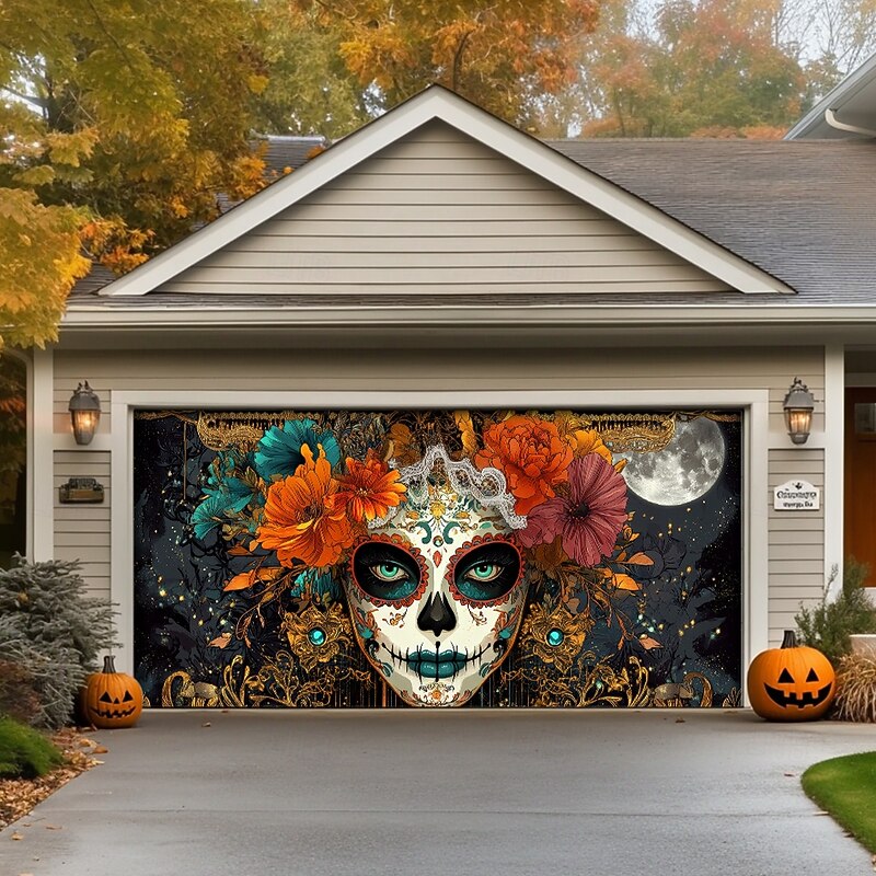 Day of the Dead Garage Door Cover Large Hanging Backdrop Skeleton Marigold Mexico Dark Punk Gothic Style Party Outdoor Shooting Backgrounds Front Door Home Decor4