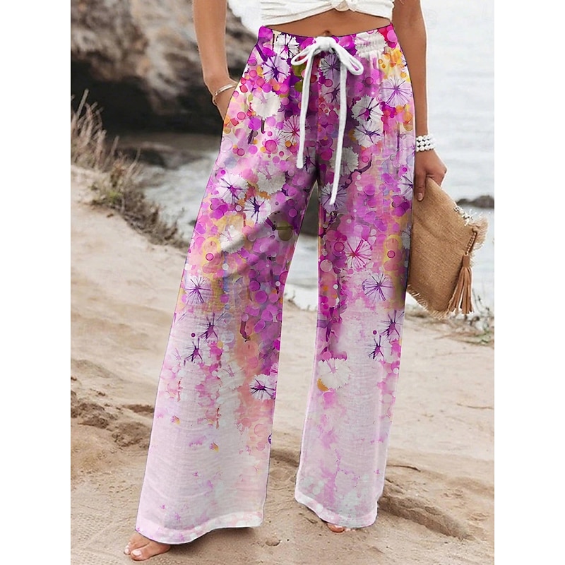 Women's Wide Leg Pants Trousers Vacation Casual Long High Waist Floral Elastic Waist Printing High Cut Breathability Soft Micro-elastic Vacation Street Daily Wear Pink Spring Fall Regular Fit