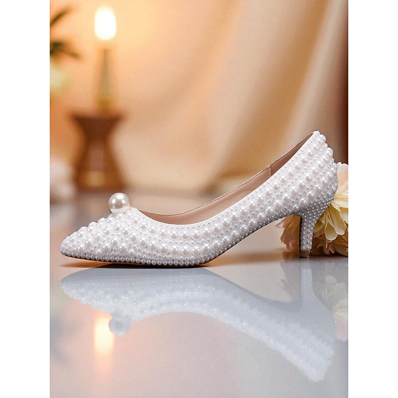 Women's Pearl-Embellished Kitten Heel Pumps and Matching Purse Set - Elegant Bridal Shoes and Purse for Weddings, Special Occasions2