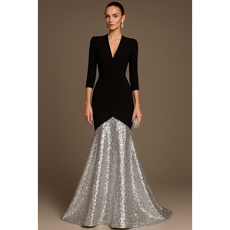 Black Gold Silver Sequined Mermaid Evening Gown Elegant Dress Formal Wedding Floor Length 3/4 Length Sleeve V Neck with Pleats 20252