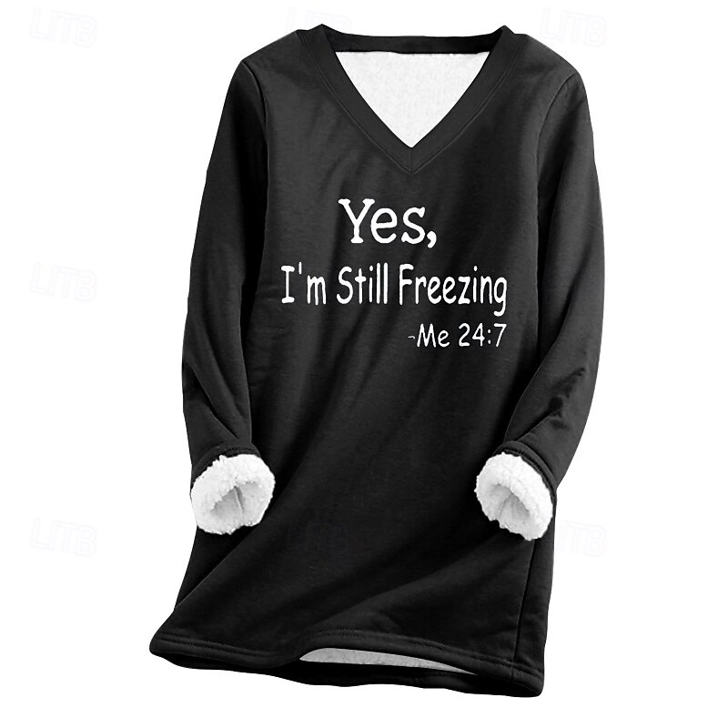 Women's Fleece Lined Pullover Sweatshirt Pajamas Pullover Sweatshirt Yes Im Cold  Letter Streetwear Casual Long Sleeve V Neck Regular Tops Home Street Holiday Print Black Pink Navy Blue Light Grey2