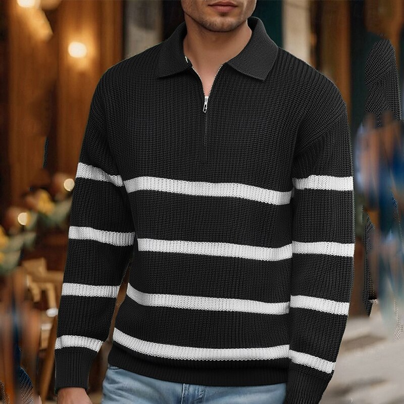 Men's Pullover Sweater Jumper Quarter Zip Sweaters Knit Sweater Ribbed Knit Regular Tops Knitted Stripe Half Zip Fashion Casual Vacation Daily Wear Clothing Apparel Fall Winter Black Green M L XL2
